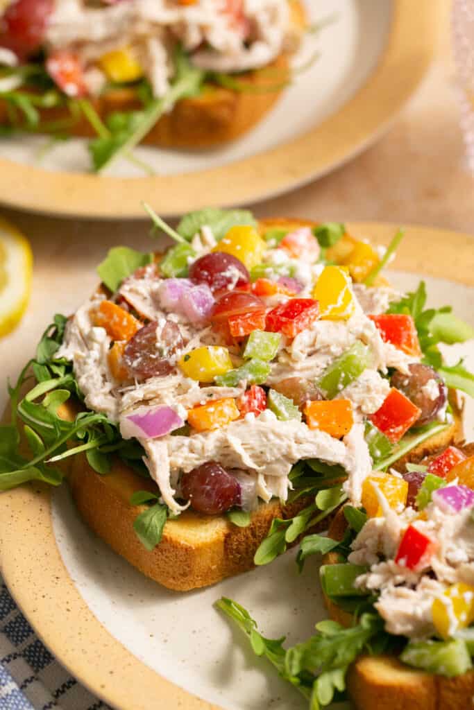 Rainbow chicken salad on two pieces of toast and greens in a plate.