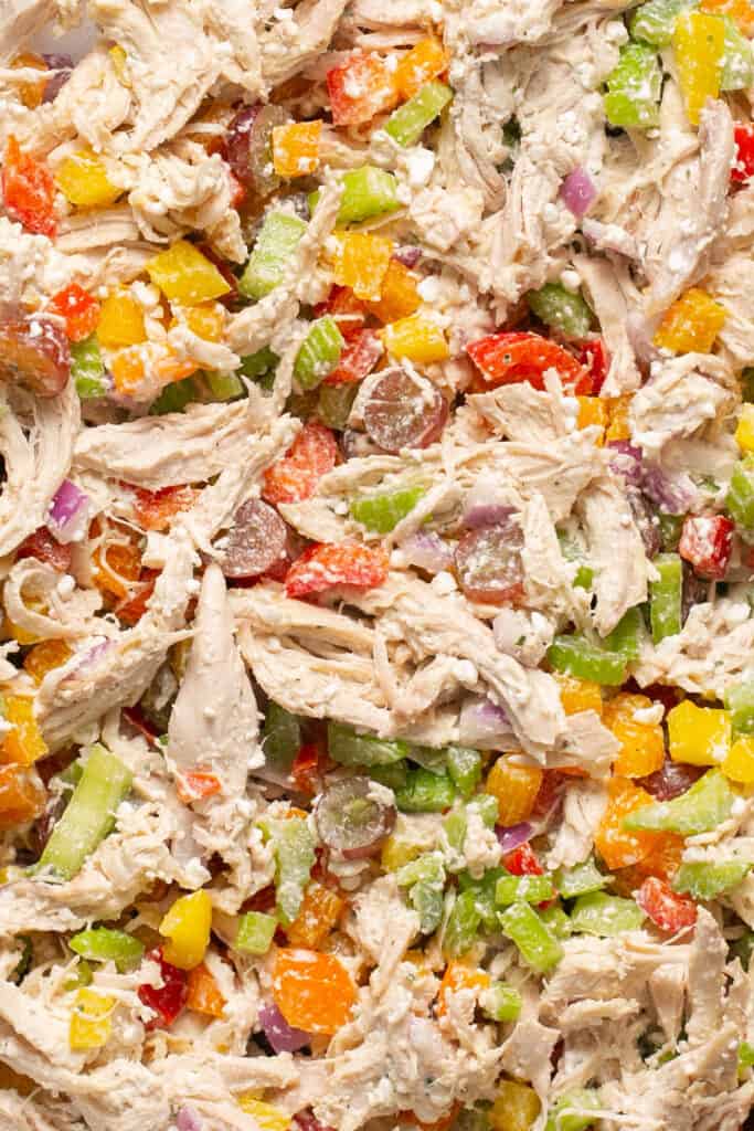 Up close shot of ingredients mixed up for Rainbow Chicken salad.