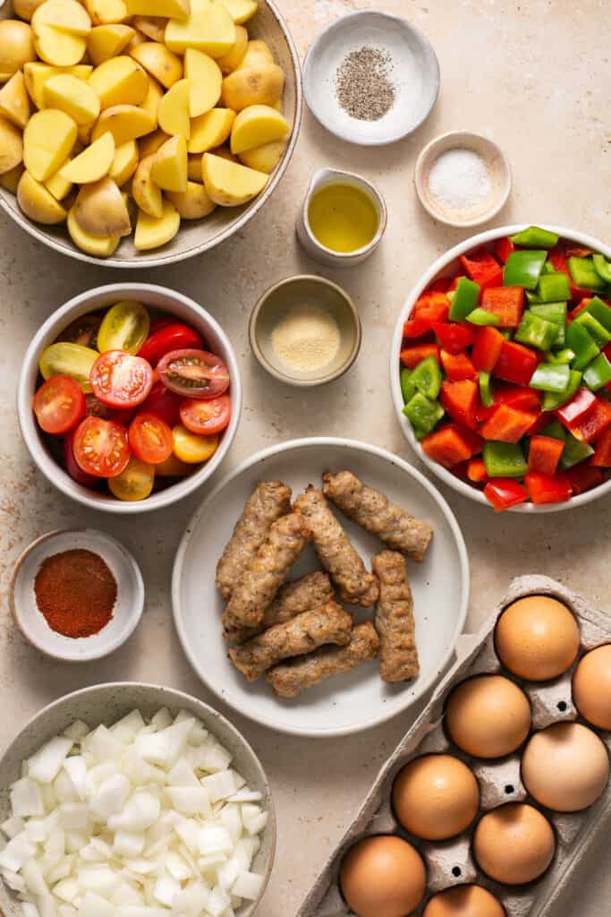 Ingredients for healthy breakfast bowls with eggs and potatoes.