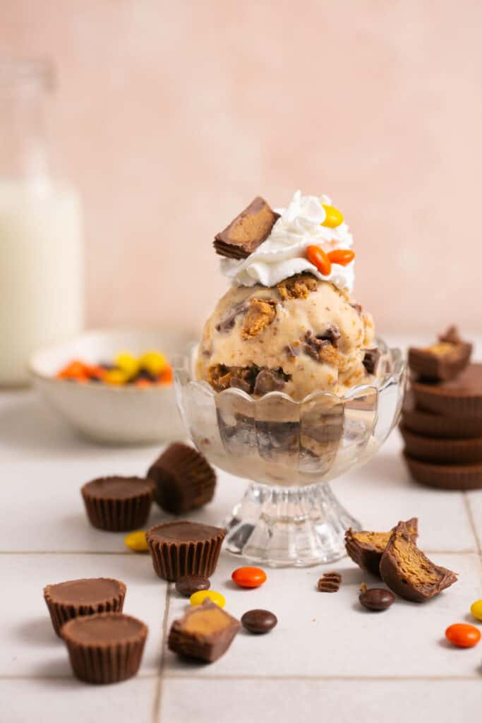 Reese's ninja creami protein ice cream in a glass bowl topped with whipped cream, Reese's pieces, and more Reese's cups.
