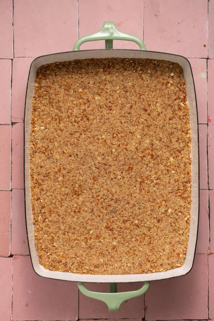 Pretzel crust baked in 9x13 pan. 