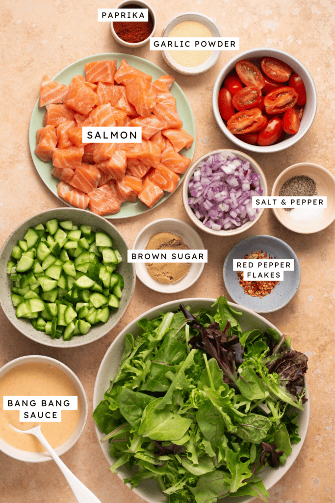 Ingredients for bang bang salmon bites.