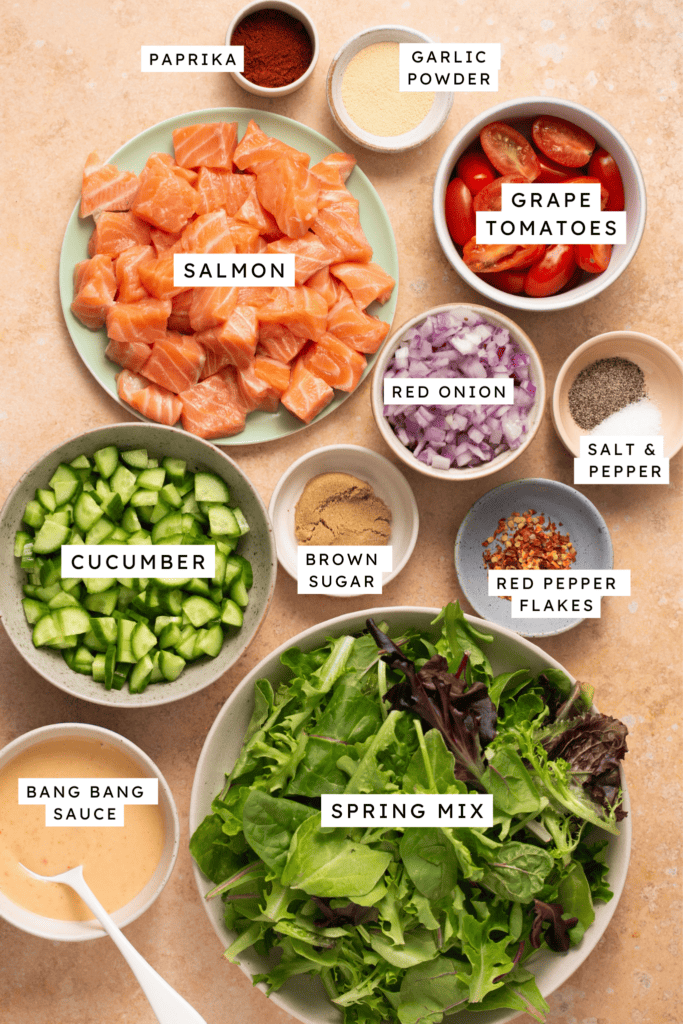 Ingredients for Blackened salmon salad with air fried salmon bites.