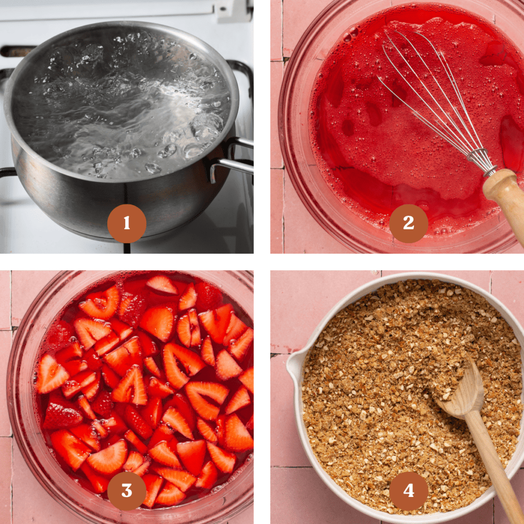 How to make low sugar strawberry pretzel salad (process steps).