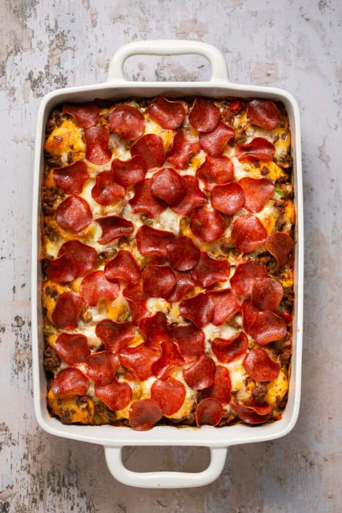Pizza casserole with biscuits after being baked.
