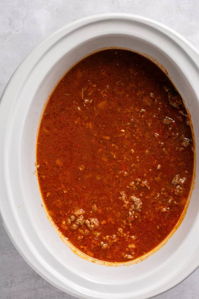 Crock pot lasagna soup in a slow cooker.