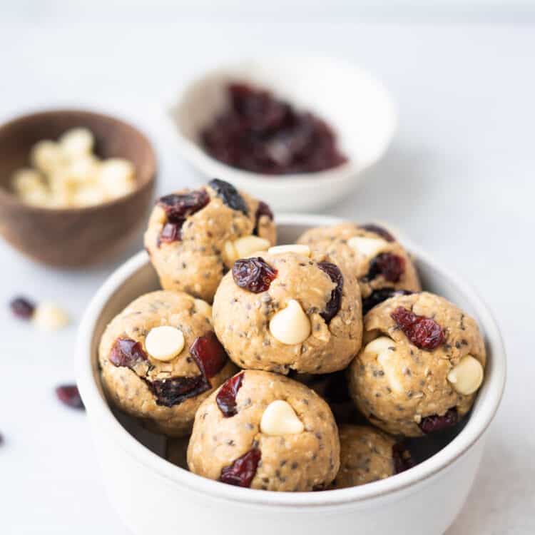 White Chocolate Cranberry oatmeal Balls in a bowl.