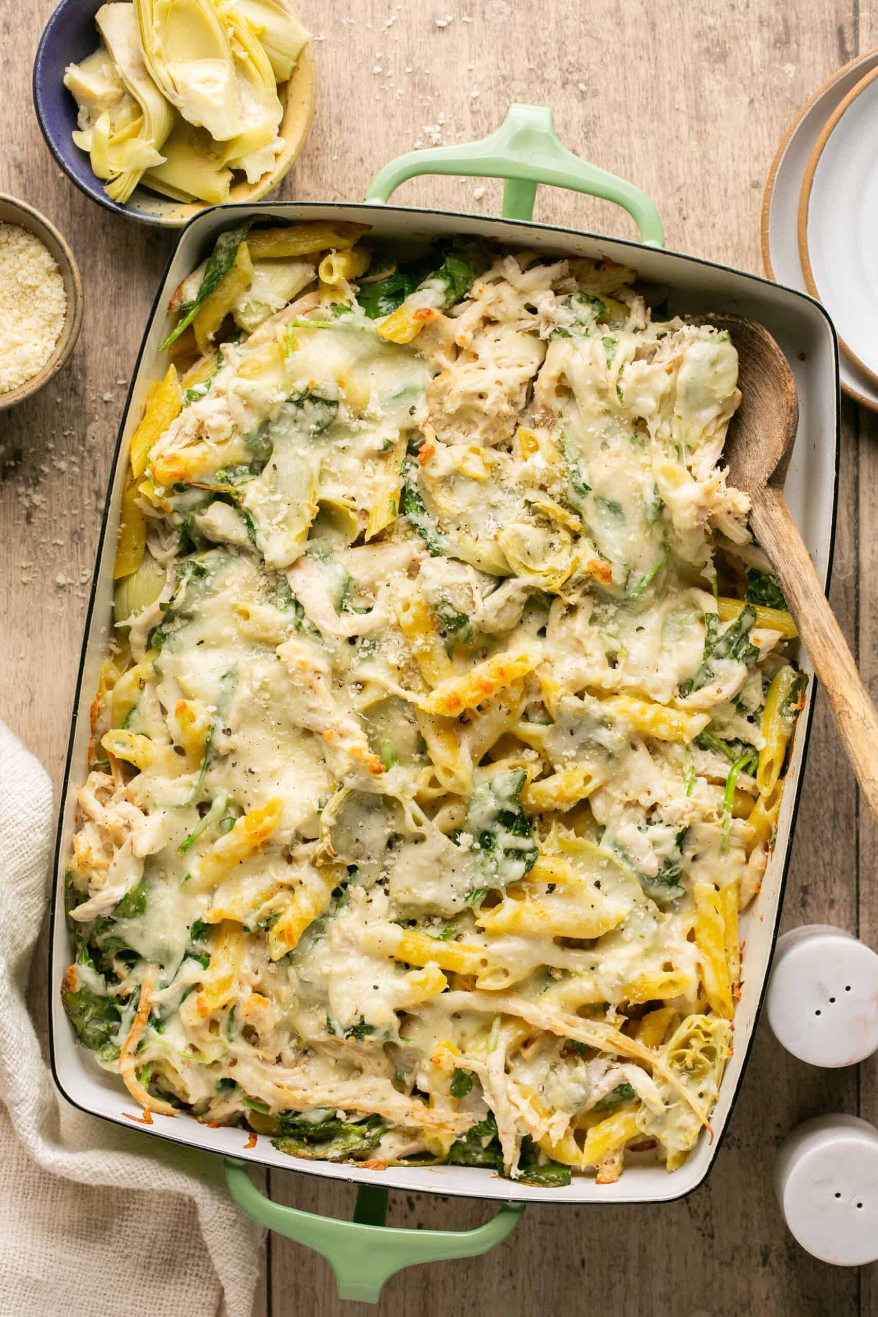 Healthy Spinach and Artichoke Chicken Pasta Bake-image