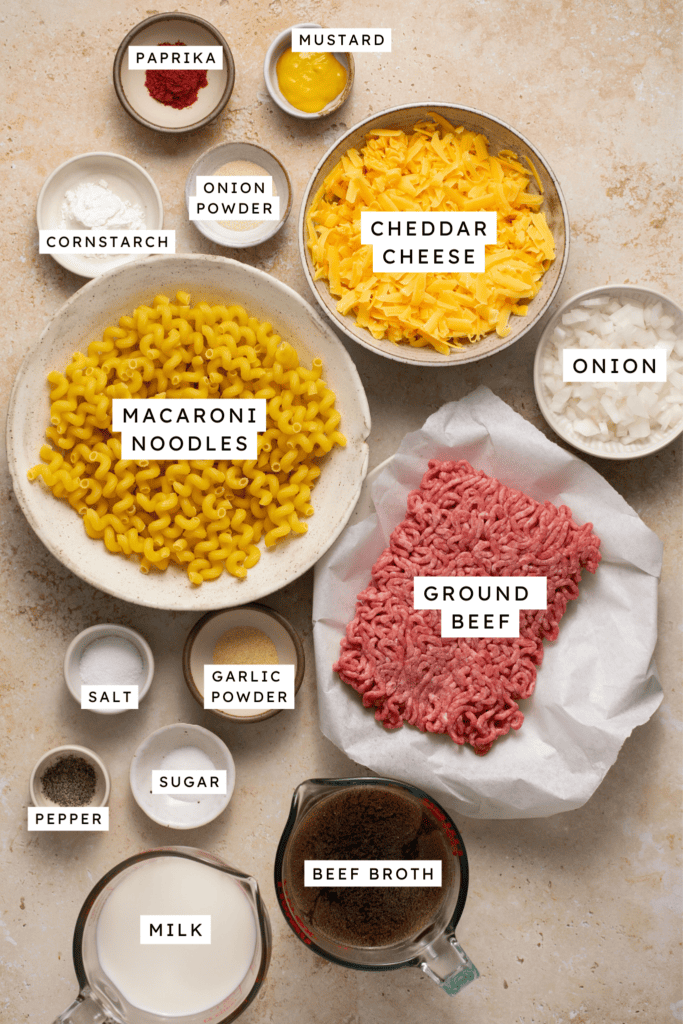 Labeled ingredients for healthy hamburger helper.