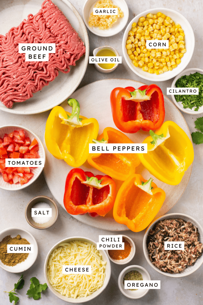 Ingredients for beef stuffed peppers.