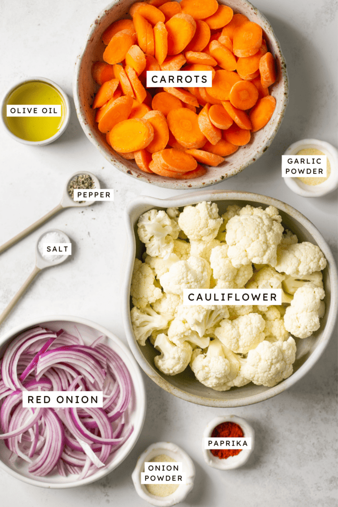Ingredients for roasted cauliflower and carrots.