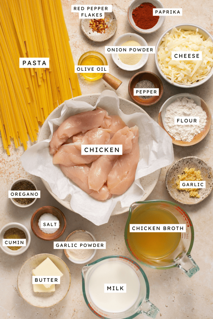 Ingredients for chicken alfredo.