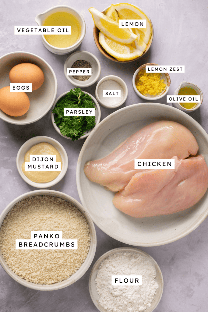 Ingredients for crispy chicken schnitzel.