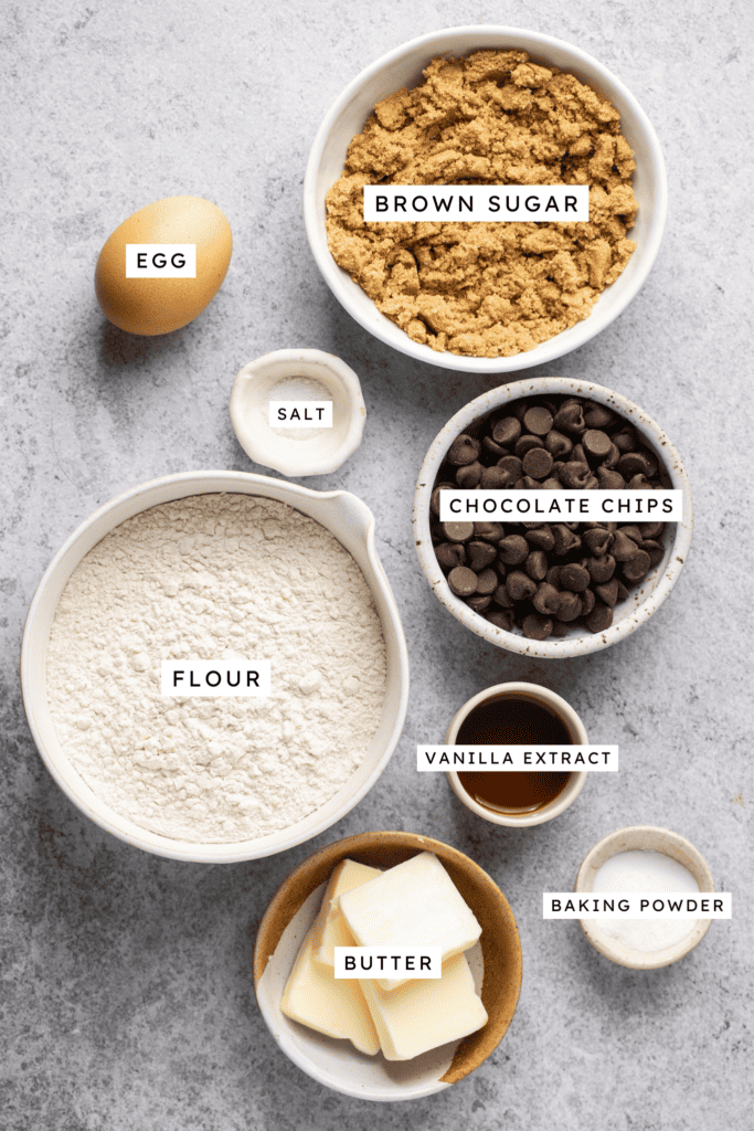 Ingredients for small batch chocolate chip cookies.