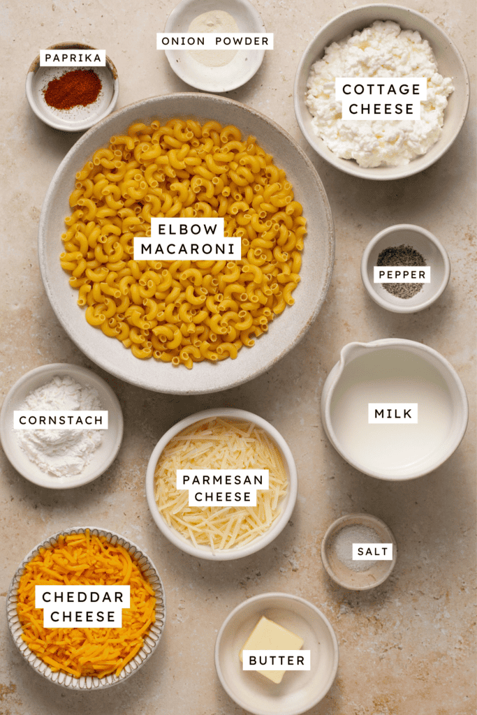 Ingredients for cottage cheese mac and cheese.