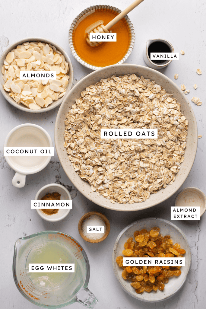 Ingredients for honey almond granola.