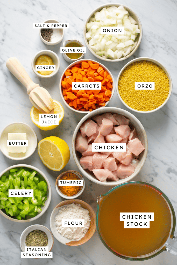 Ingredients for lemon ginger chicken soup.
