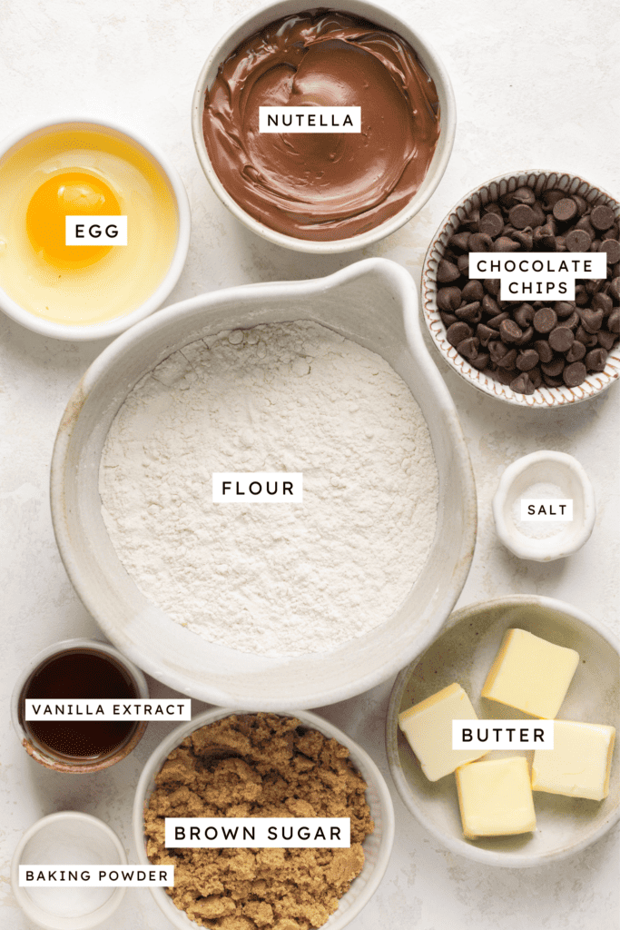 Ingredients for nutella stuffed chocolate chip cookies.