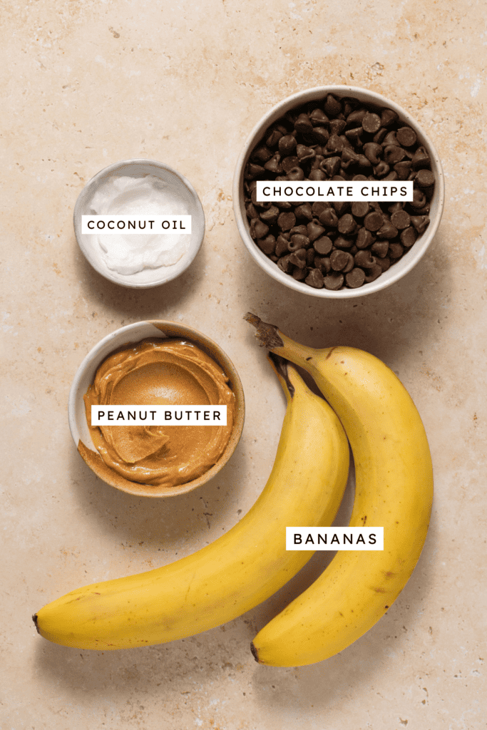 Ingredients for Zoomed in view of Frozen Chocolate Peanut Butter Banana Bites.