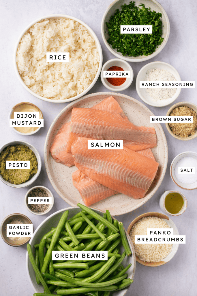 Ingredients for pesto salmon bowls.