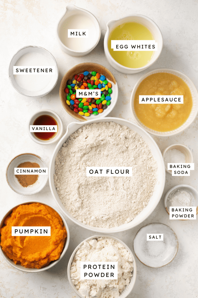 Ingredients for Soft Baked M&M Pumpkin Protein Oat Bars.