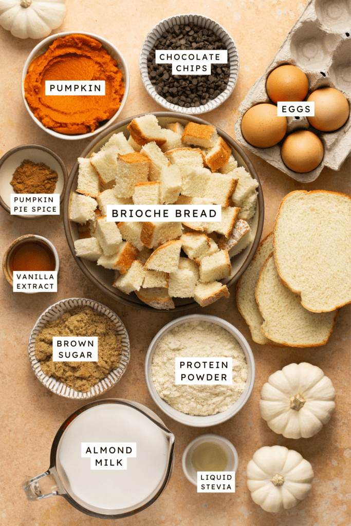 Ingredients for pumpkin chocolate chip protein french toast bake.
