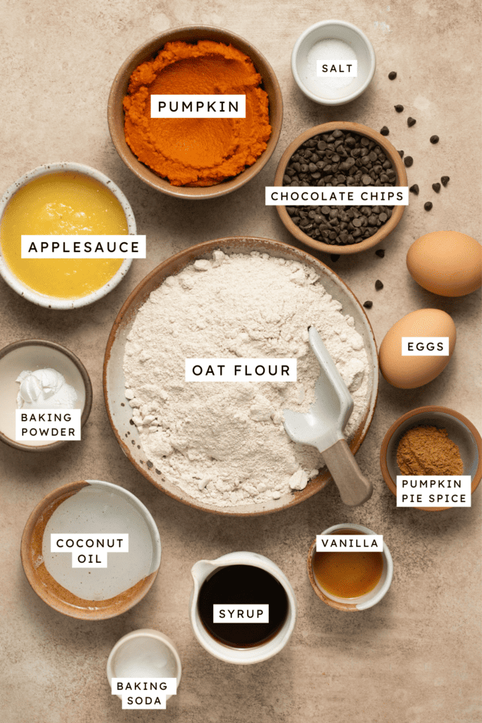 Ingredients for healthy chocolate chip pumpkin muffins.
