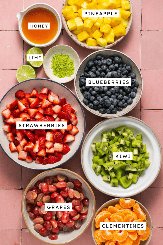 Ingredients for rainbow fruit salad.