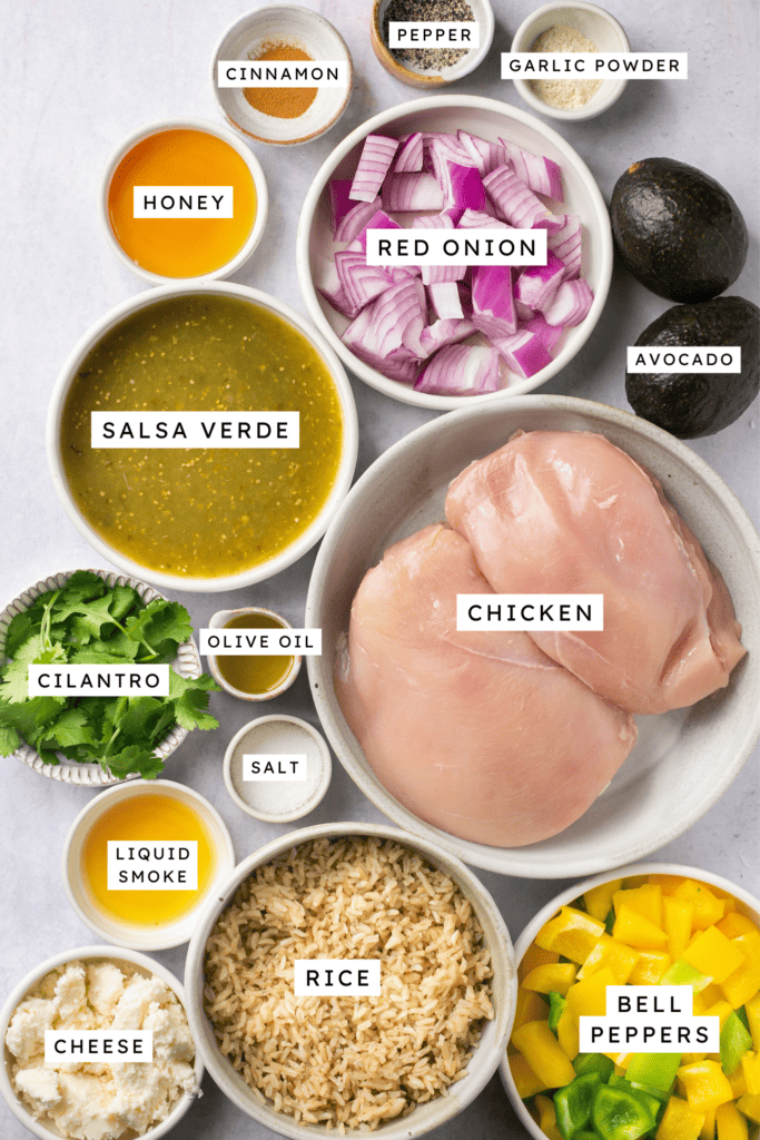 Ingredients for salsa verde chicken bowls.