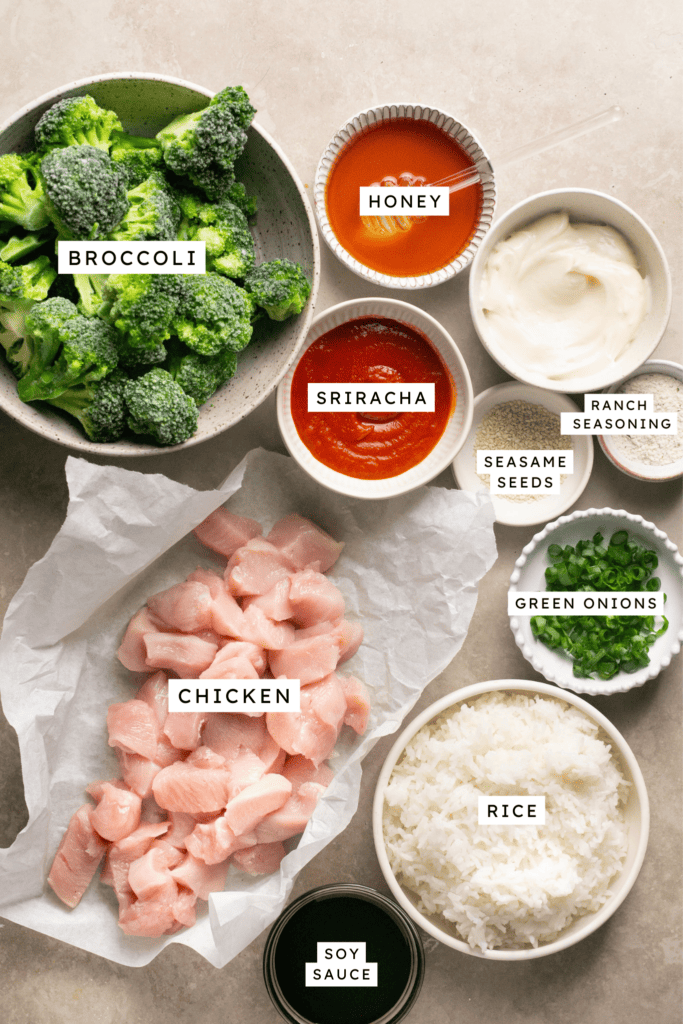 Ingredients for meal prep sriracha chicken.