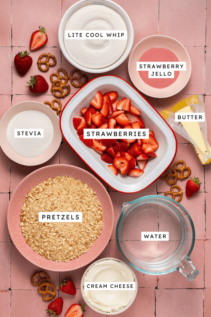 Ingredients for Healthy Low Sugar Strawberry Pretzel Salad.