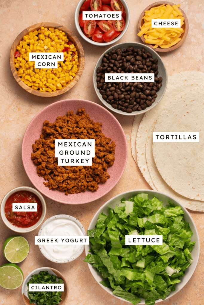 Ingredients for healthy taco salad with ground turkey.