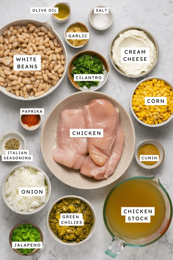 Ingredients for Healthy Crockpot White Chicken Chili.