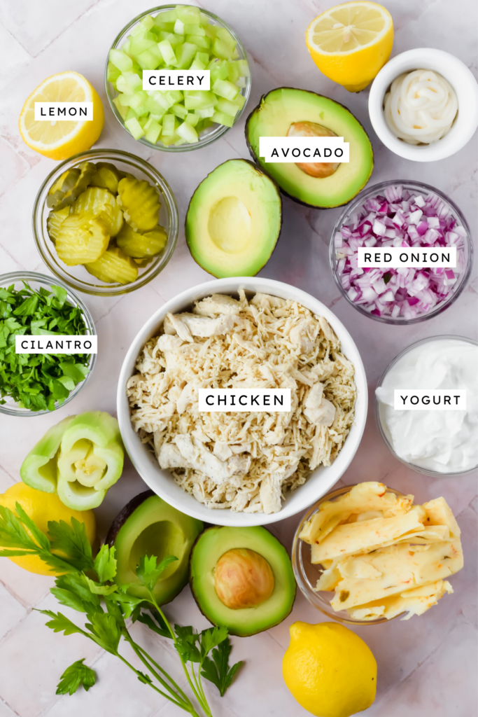 Ingredients for avocado chicken salad.