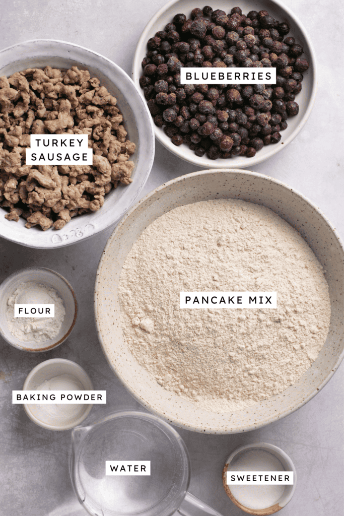 Ingredients for sausage pancake breakfast bake.