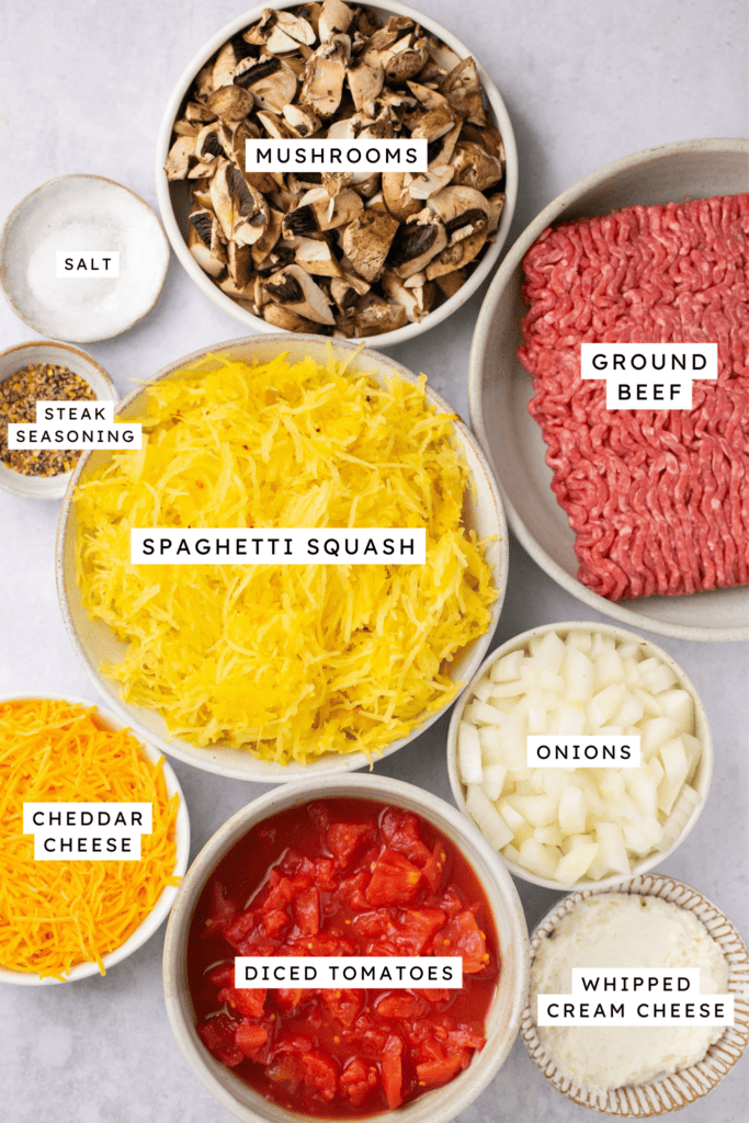 Ingredients for cheeseburger spaghetti squash casserole.