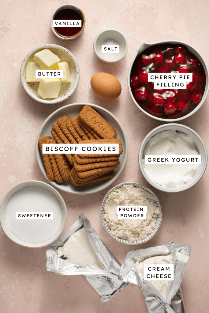 Ingredients for no bake mini cherry cheesecakes.