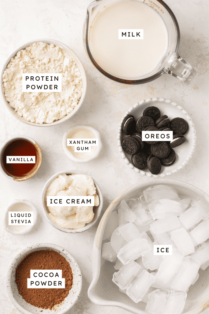 Ingredients for cookies and cream protein shake.