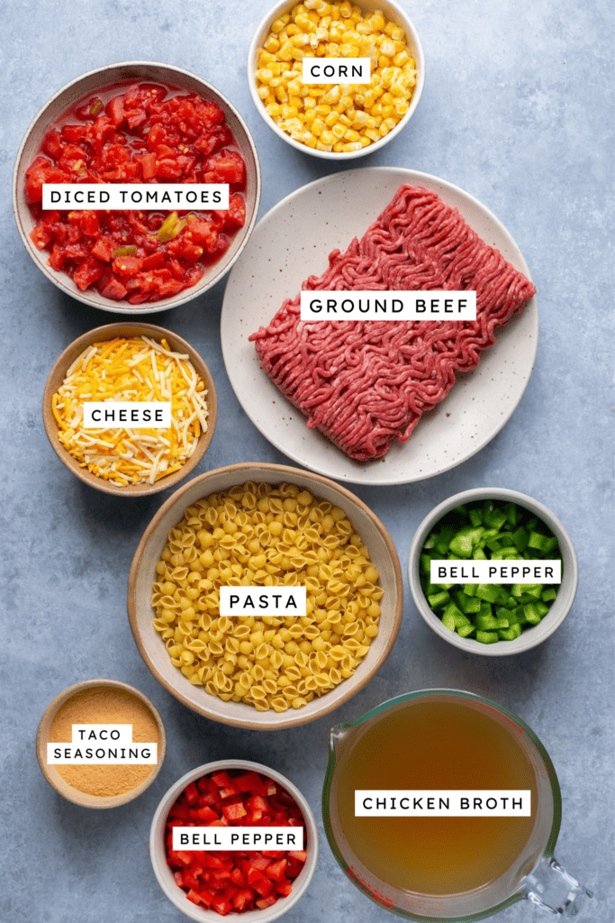 Ingredients for crockpot taco pasta.