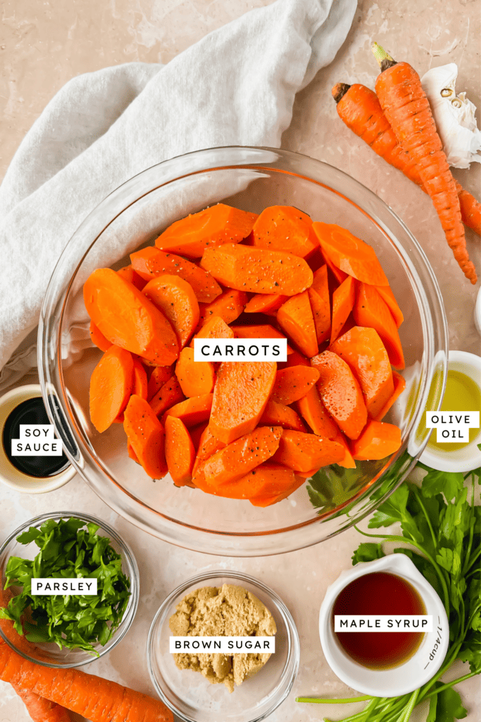 Ingredients for maple ginger glazed carrots.