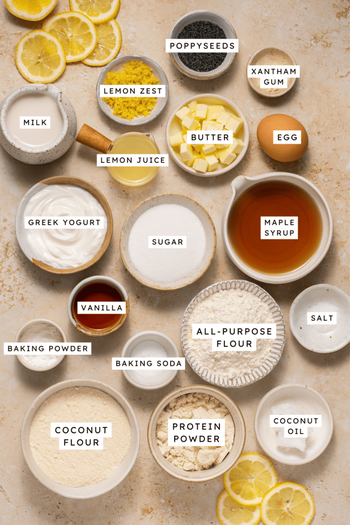 Ingredients for low carb lemon poppy seed muffins.