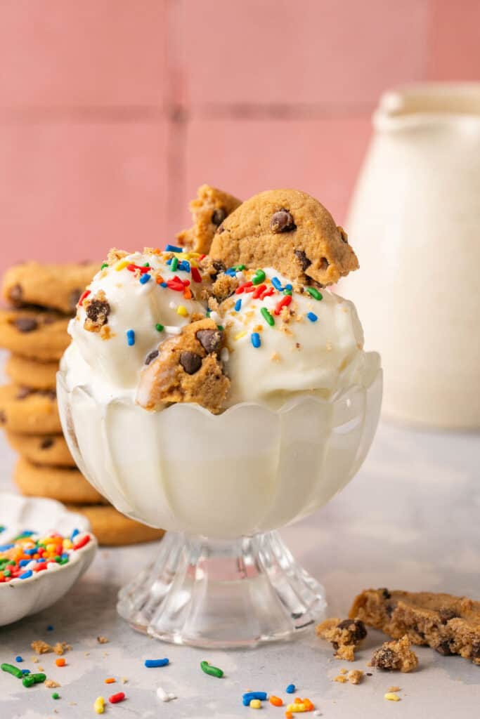Ninja creami vanilla protein ice cream topped with chocolate chip cookie pieces and rainbow sprinkles in a glass bowl.