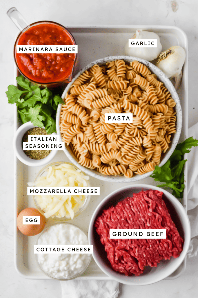 Ingredients for rotini pasta bake.