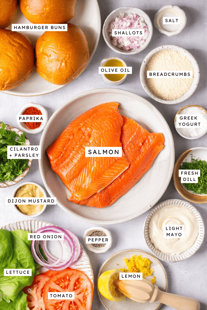 Ingredients for salmon burgers.