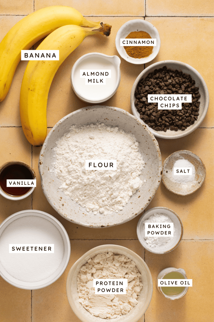 Ingredients for skinny chocolate chip banana bread.