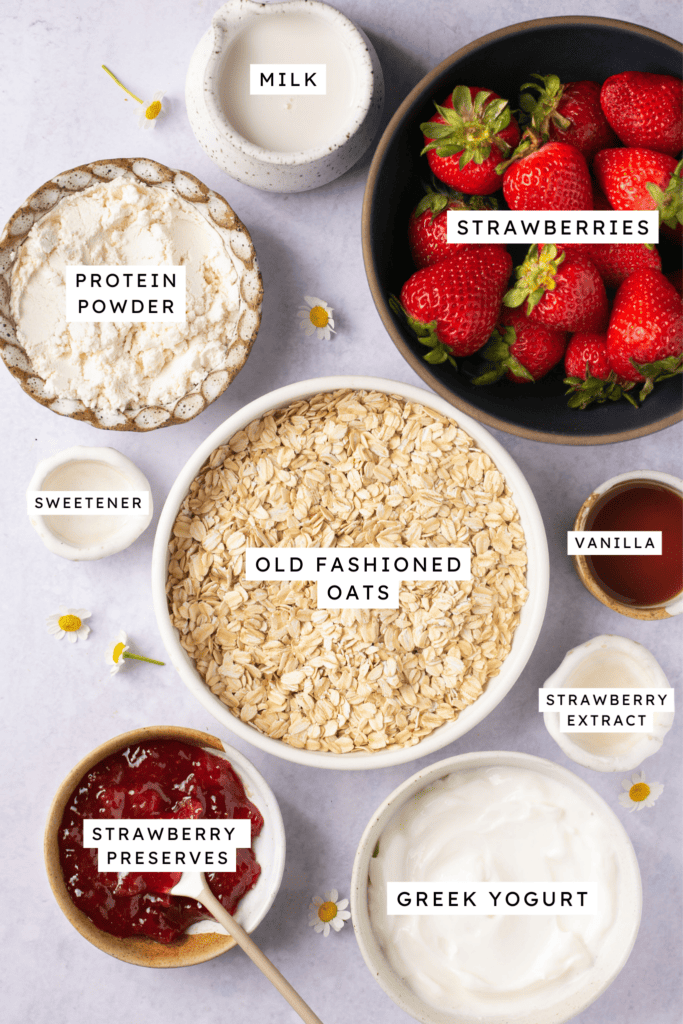 Ingredients for strawberry protein overnight oats.