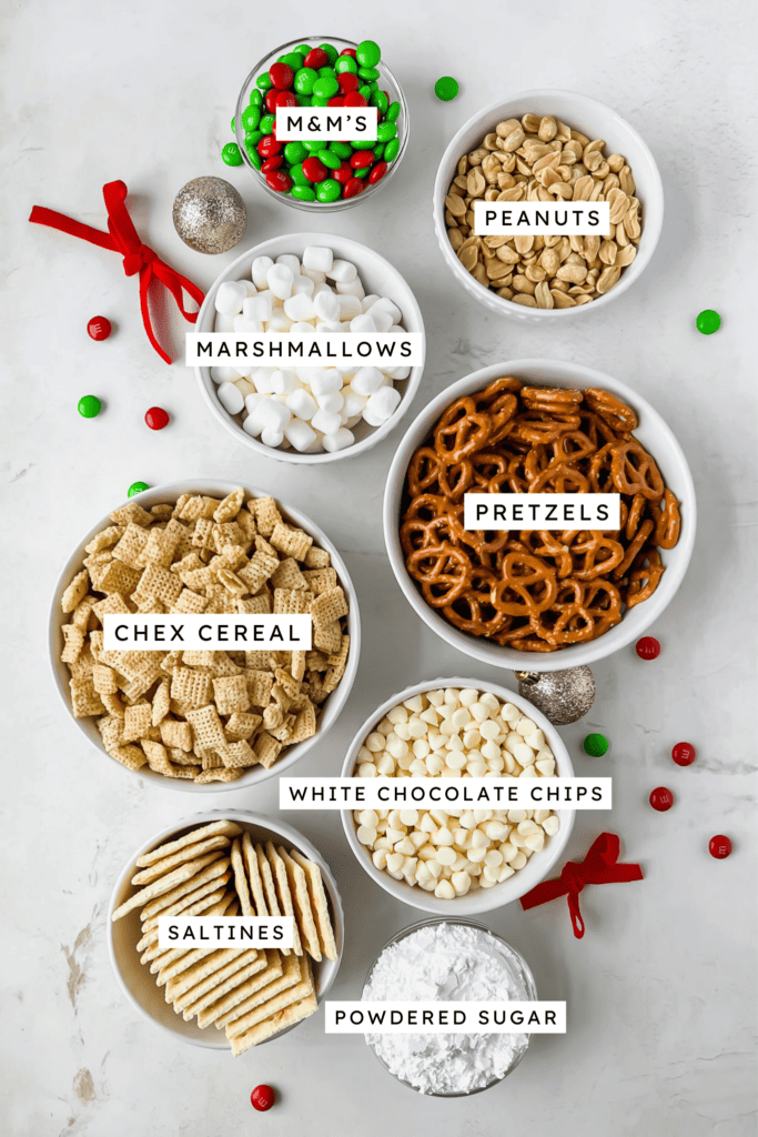 Ingredients for White Chocolate Christmas Chex Mix.