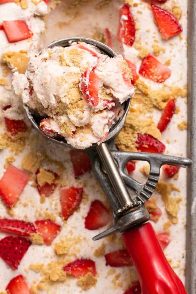 Strawberry cheesecake ninja creami protein ice cream with an ice cream scoop.