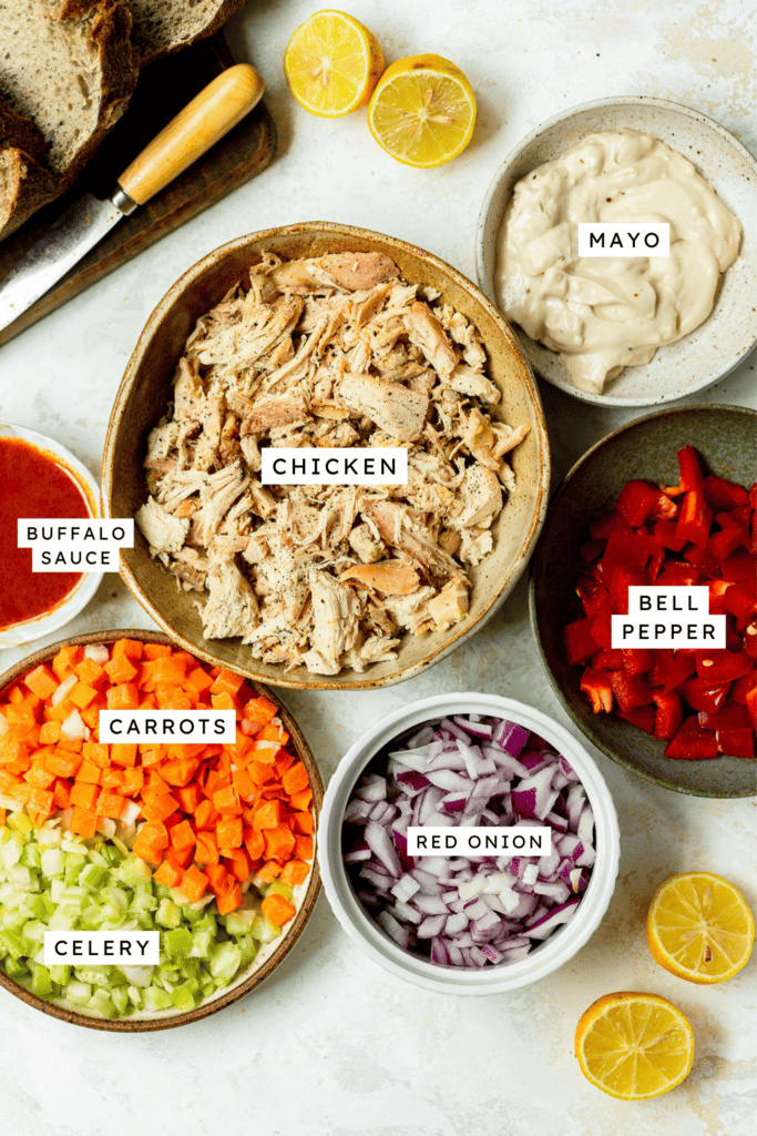 Ingredients for buffalo chicken salad.