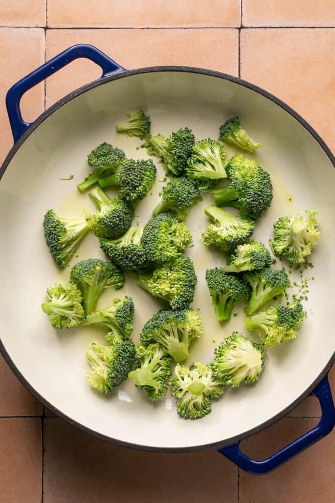 Chopped broccoli in a skillet.